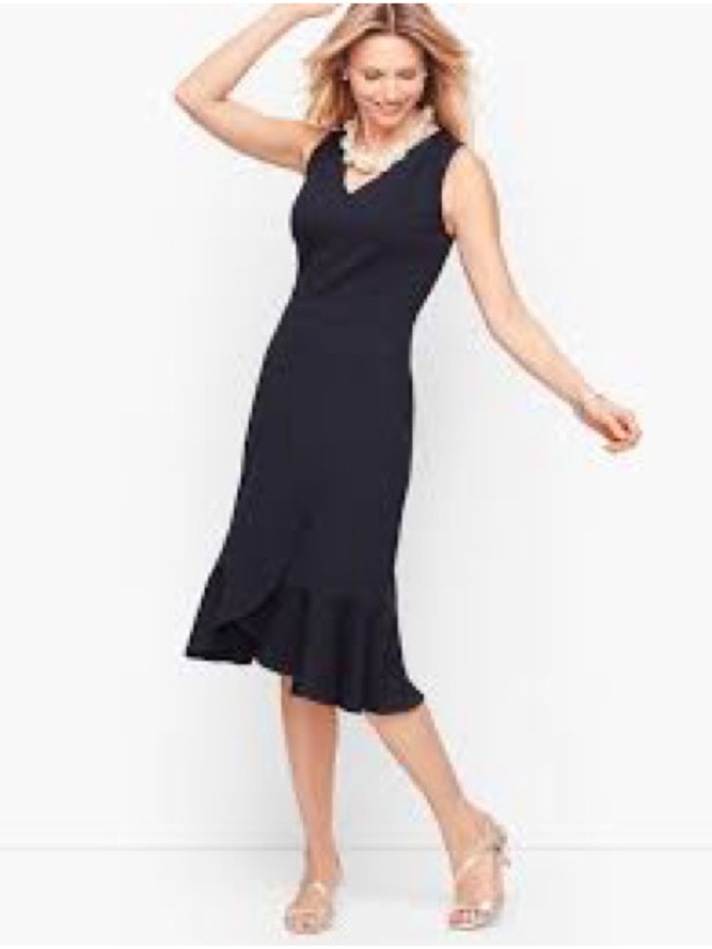 Talbots Black Ponte Wrap Sheath Dress Ruffle Hem Sleeveless Size 8